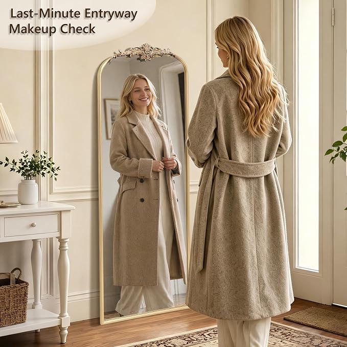 Besdomus Vintage Mirror Full Length: 21"x56" Champagne Arched Body Mirrors | French Floor Standing Metal Framed - Antique Baroque Traditional Ornate - Ideal for Foyer/Cloakroom/Bedroom/Dressing Room