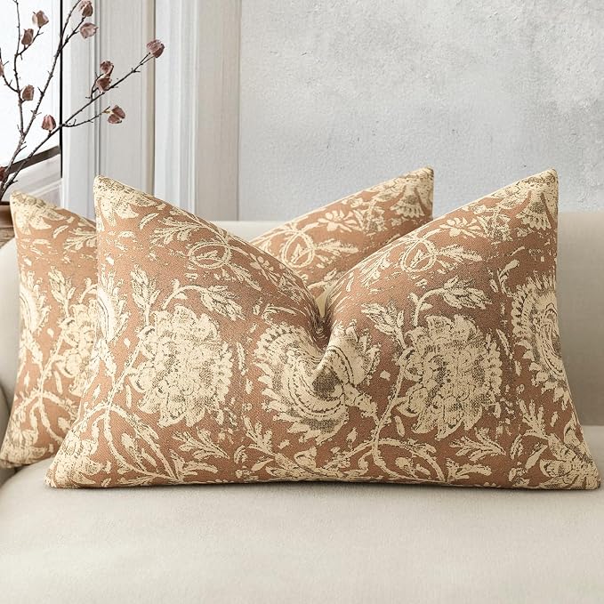 Vintage Floral Print Throw Pillow Covers 12x20 Set of 2 Neutral Modern Farmhouse Pillow Cases Accent Decorative Cushion Covers Boho Home Decor for Couch Sofa Chair Bed Living Room, Cognac