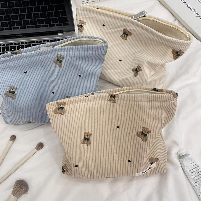 uekeboag Cute Small Soft Corduroy Zipper Makeup Bag for Purse, Coquette Aesthetic Pouch with Bear Pattern for Women Girls, Kawaii Travel Cosmetic Bags（02Blue）