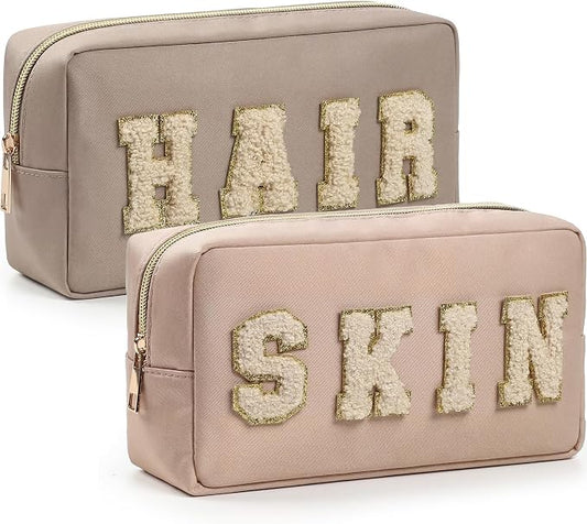 Preppy Makeup Bags Chenille Letter Stuff Bag Nylon Cosmetic Pouch Cases with Zipper for Women Travel Toiletry(Apricot Color,Classic,2 Pcs)