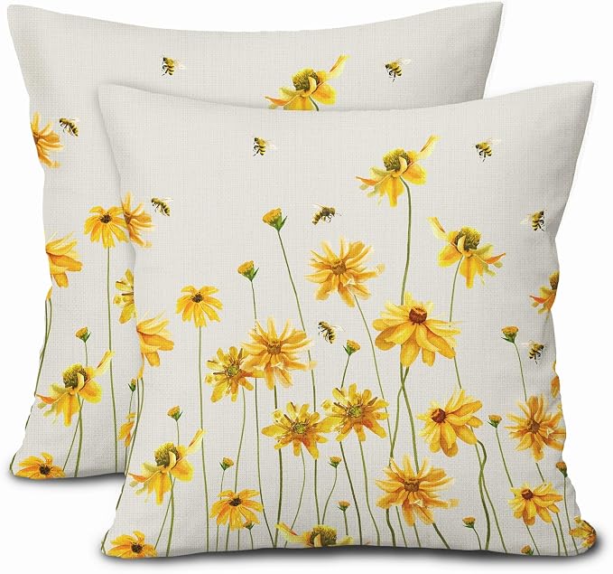 Spring Summer Floral Pillow Covers 18X18 Inch Set of 2 Coreopsis Daisy Yellow Flowers Bee Decorative Pillow Cases Farmhouse Seasonal Cushion Case Farmhouse Home Decor for Sofa Couch Bedroom Outdoor