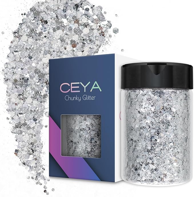 Ceya Chunky Glitter, 4.9oz/ 140g Bright Silver Craft Glitter Powder Mixed Fine Flakes Iridescent Nail Sequins for Nail Art, Hair, Epoxy Resin, Tumblers, Slime, Painting, Festival Decor
