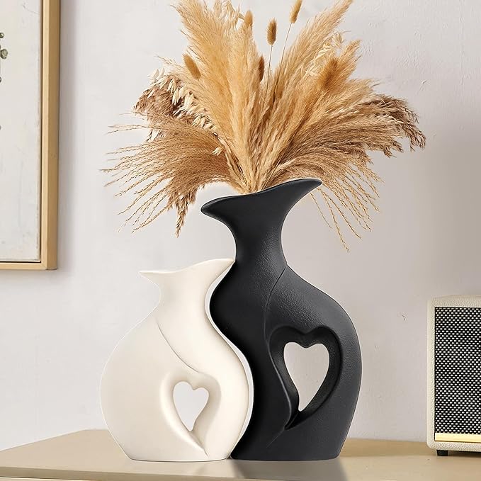 XL Black and White Vase Set of 2, Heart Shaped Ceramic Flower Vase | Home Decor, Minimalist Decorative, Modern, For Wedding Dining Living Room Office Coffee Table Centerpiece H 10.1 inches