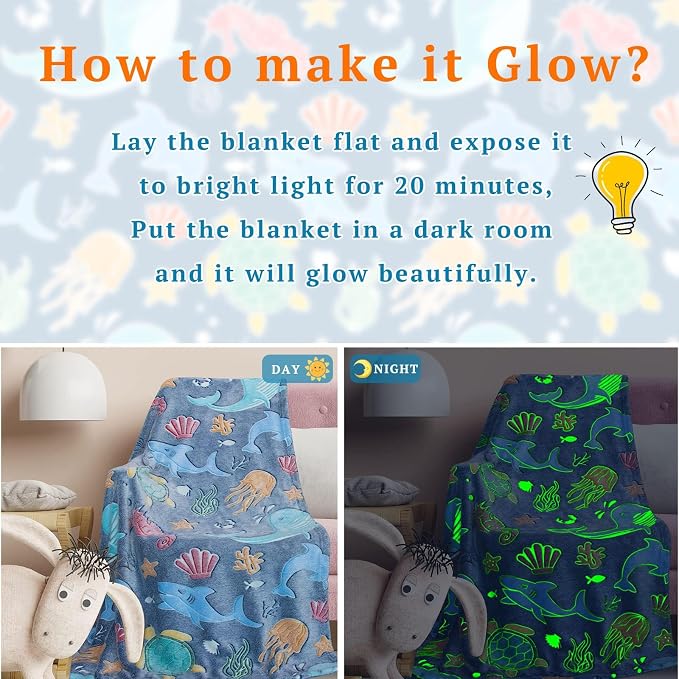 Glow in The Dark Throw Blanket Dolphin Marine Life Luminous Blankets and Throws Blue Colorful Plush Blankets Soft Glowing Throw Graduation Gifts for Kids Girls Boys Teens