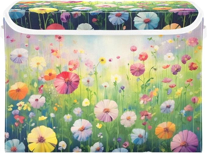Colorful Flowers Storage Bins with Lids and Carrying Handle,Foldable Storage Boxes Organizer Containers Baskets Cube with Cover for Home Bedroom Closet Office