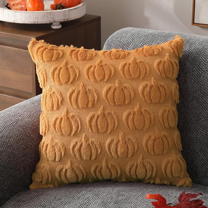 DFXSZ Fall Pillow Covers 16x16 2Pcs Light Orange Pumpkin Fall Decorations | Fall decor Set of 2 Throw Pillow Cases Soft Plush Faux Fur Wool Couch Cushion for Chair Sofa Bedroom Living Room Home Decor