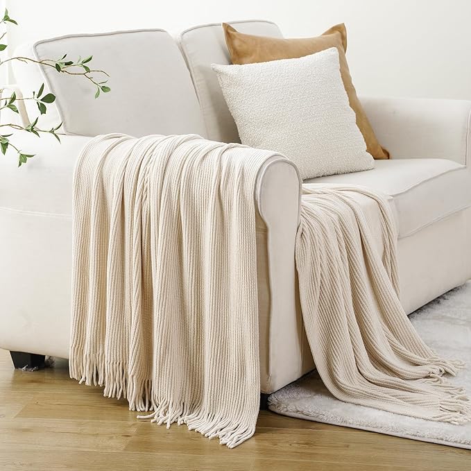 BATTILO HOME Beige Throw Blanket for Couch, 50"x60" | Soft Chenille Knit Blanket with Tassels for Home Decor, Neutral Beige Throws for Couch Cover