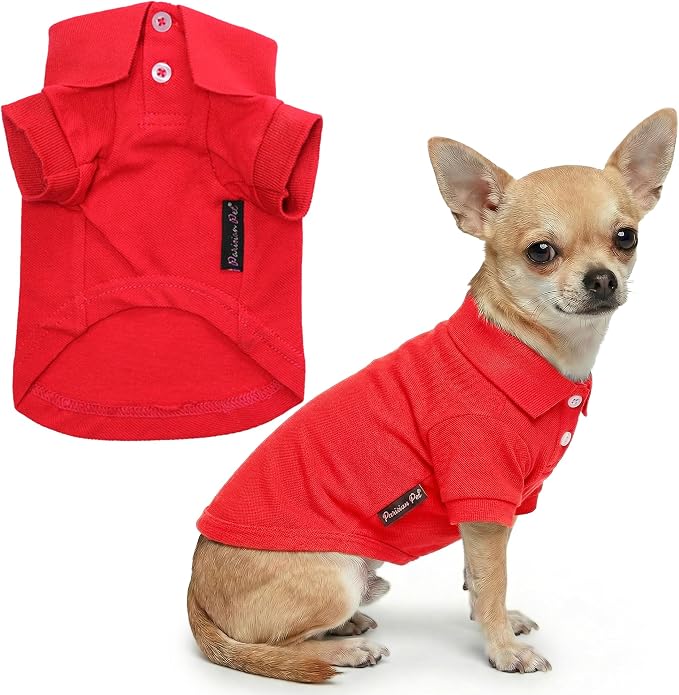 Parisian Pet Dog Polo Shirt – Classic Red Cotton Pet Apparel with Collar & Buttons, Soft Breathable Puppy T-Shirt, Cute Dog Clothes - Ideal Summer Clothes for Small Dogs - Shirts for Dogs Boy Girl
