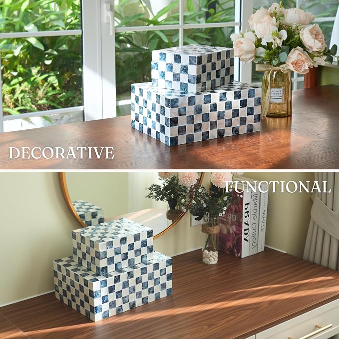 12"x8" Decorative Capiz Boxes Keepsake Trunk, Navy Blue, Set 2 | Handmade capiz inlaid keepsake boxes for photos, blue checkered boxes, checkered box decor, blue storage box for bedroom
