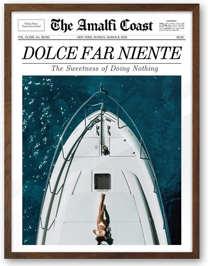 EcoHest 12x16 in Dolce Far Niente Newspaper Framed Wall Art | Walnut Color Solid Oak Frame, Canvas Wall Art, Italian Summer Newspaper Decor for Living Room, Bedroom, Apartment, Dorm,1Pack