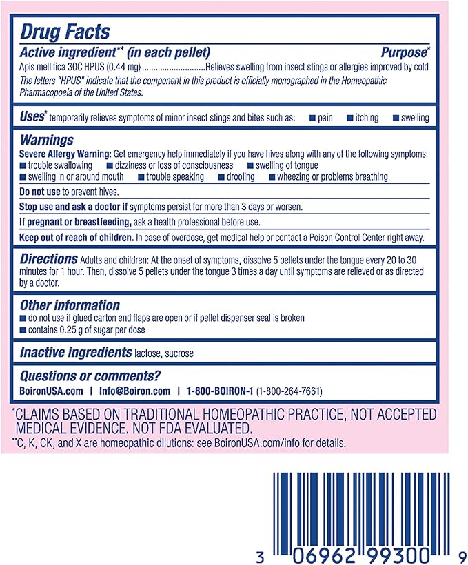 Boiron Apis Mellifica 30C Homeopathic Medince for Relief from Pain, Itching, and Swelling of Bug Bites or Stings - (240 Pellets), 3 Count (Pack of 2)