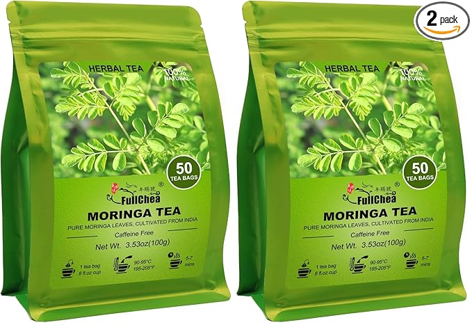 FullChea - Moringa Tea, 50 Teabags - Pure & Natural Moringa Leaves, Cultivated From India - Herbal Tea for Supporting Digestion & Immune System - Non-GMO - Caffeine-free (Pack of 2)