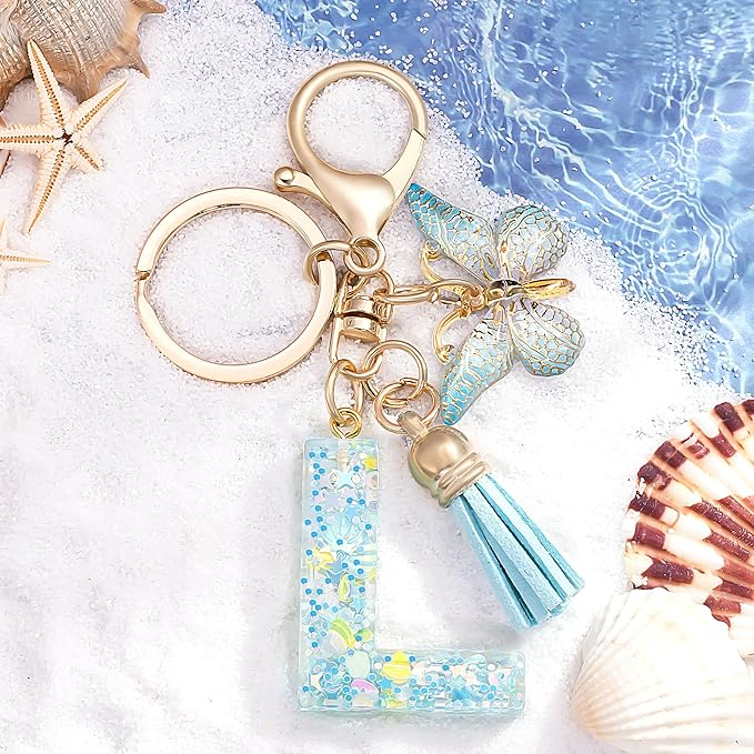 Fashion Alphabet Initial Letter Keychain Tassel Butterfly Pendant Key Ring for Purse Handbags Women Girl