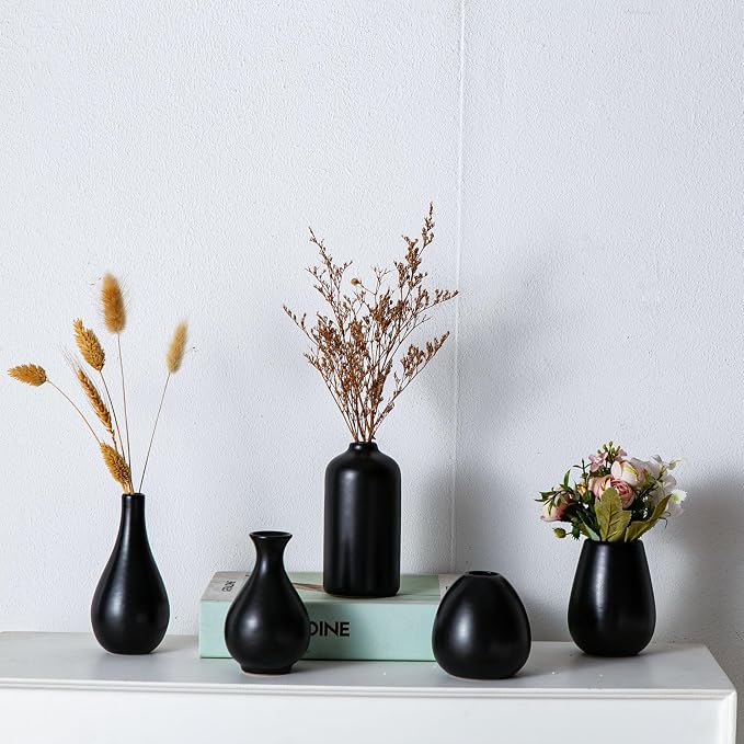 Tanvecle Small Black Vases, Ceramic Bud Vase Set 11, Modern Home Decor | Mini pottery vases for pampas grass, flowers, minimalist home decor, wedding centerpiece for dining table living room shelf
