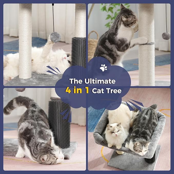 Cat Tree Tower for Large Cats Cat Scratching Post with Bed 20X16” | Small Cat Tree with Thick Scratching Post 4.5” Dia, Large Raised Bed 20X16”, Self Groomer, Toy Ball for Indoor& Large Cats