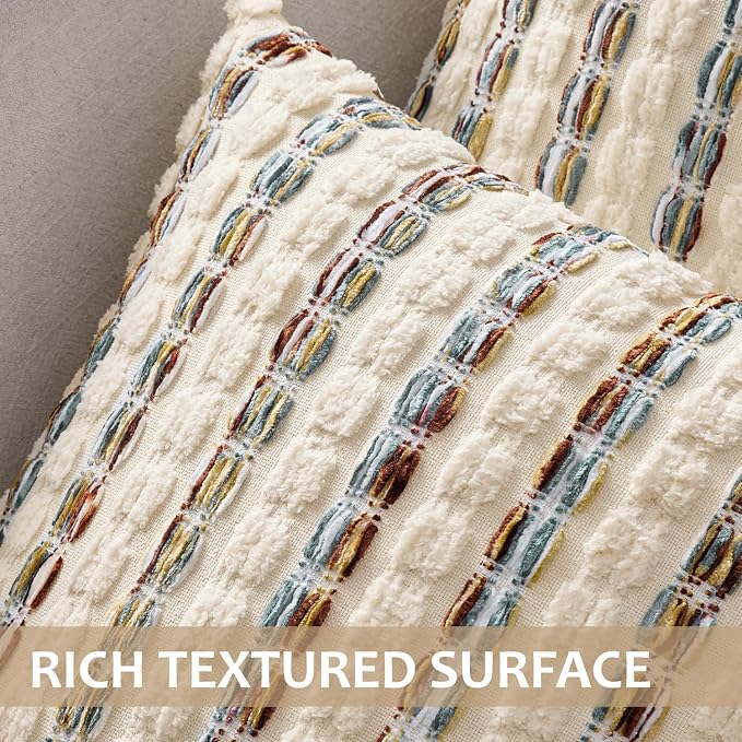ANRODUO Boho Chenille Decorative Pillow Covers 18x18 Set of 2 Brown White | Textured Tufted Stripes Woven Cushion Case, Farmhouse Accent Neutral Pillowcase for Couch Sofa Bed Living, Room Decor