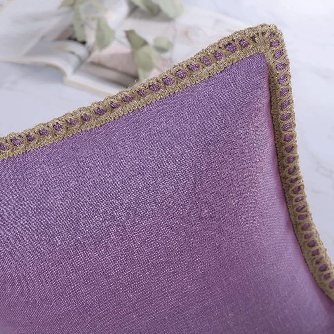Phantoscope Pack of 2 Farmhouse Decorative Solid Throw Decorative Pillow Cover Burlap Linen Trimmed Tailored Edges Purple 22 x 22 inches, 55 x 55 cm