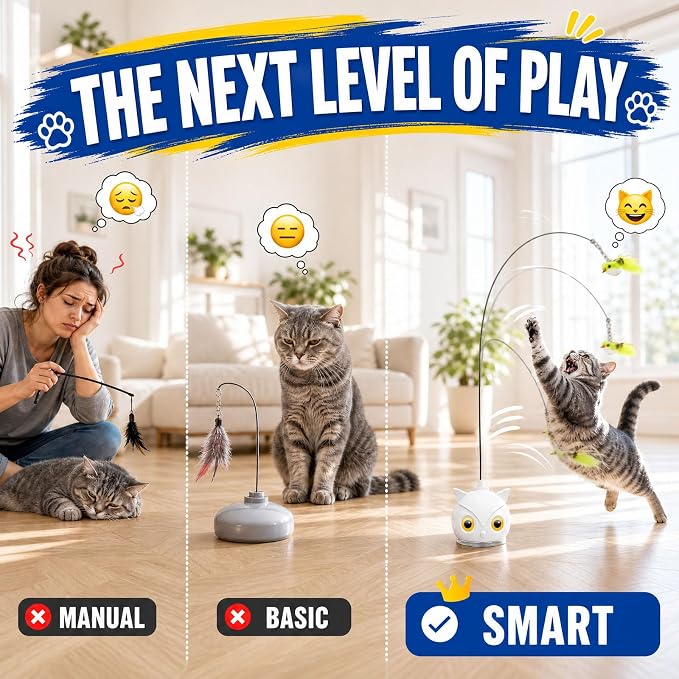 CATPICK Interactive Cat Toy for Indoor Cats, Automatic Flying Bird Toy | Rechargeable 360-degree flying bird wand with 2 speeds, touch restart, 10-minute play cycle, and washable sticky base