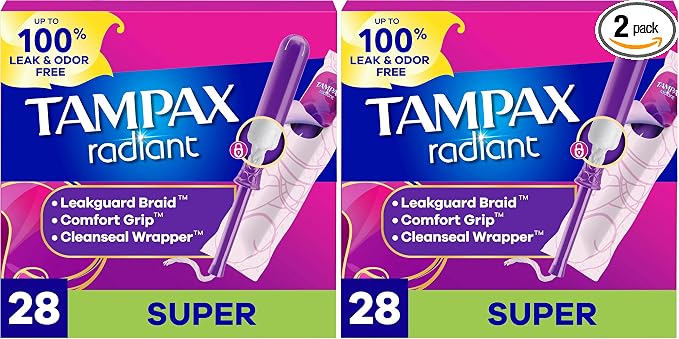 Tampax Radiant Tampons, Super Absorbency, with Leakguard Braid, Unscented, 28 Count (Pack of 2)