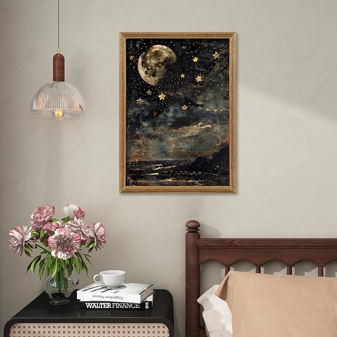 ICHZUMW Framed Moon and Stars Celestial Vintage Canvas Wall Art 16x24 In | Dark Moody Night Sky Painting, Gothic Dark Academia Wall Decor for Bedroom Living Room Bathroom Office, Ready to Hang
