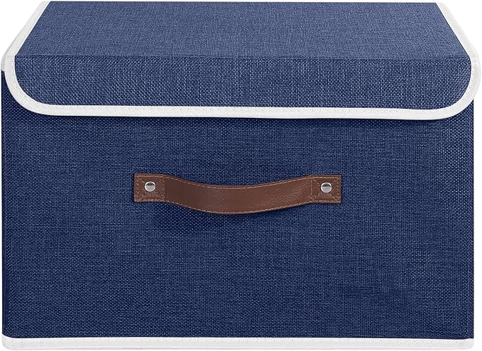 ANMINY Fabric Storage Box Bins with Lids, Blue, 15"x10"x10" | Keepsake Memory Storage, Cotton Linen, PP Board Reinforced, Washable, PU Handles, Foldable & Stackable, Decorative, Large