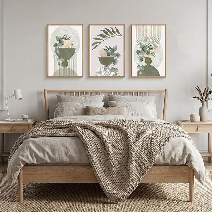 FWIEXA Sage Green Plant Canvas Wall Art Set 3, Abstract Geometric Line Botanical Framed Prints, Beige Minimalist Boho Leaf Paintings,16x24In Mid Century Modern Artwork for Living Room,Bedroom,Office