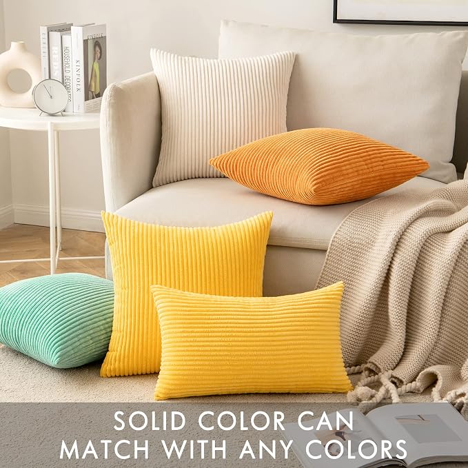 MIULEE Fall Soft Corduroy Throw Pillow Covers Set of 2 18x18 Golden Yellow | Decorative Striped Textured Cushion Cases, Boho Energetic Vibe Pillowcases, Home Decor for Couch Chair Sofa Bed Living Room