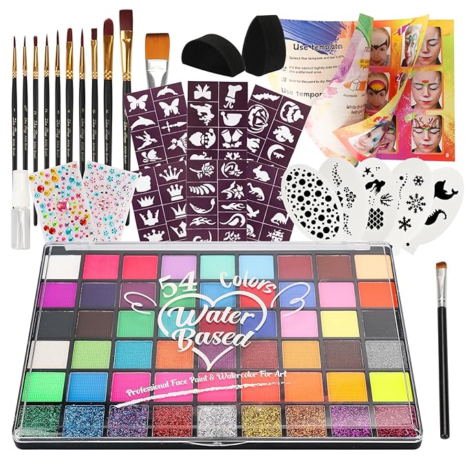 Pintada 54 Color Face Painting Kit for Kids - Non Toxic Water Activated Face Paint Palette with Stencils, Brushes, Gems & Book. For Halloween, Carnival, Party; Costume Makeup for Creative Activities
