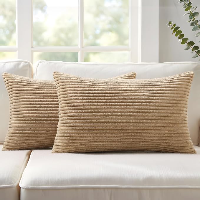 Mecatny Corduroy Fall Decorative Throw Pillow Covers 12x20 Set of 2 Khaki | Soft Striped Texture, Hidden Zipper Design, Neutral Boho Lumbar Pillow Cases for Sofa Couch Living Room Bedroom, Home Décor