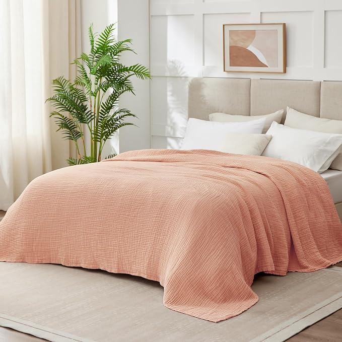100% Cotton Muslin Blanket Queen 90" x 90", 6 Layers Breathable and Lightweight Cotton Throw Blankets for Bed, Soft Cooling Summer Gauze Blanket for Adults All Season, Dusty Rose‌