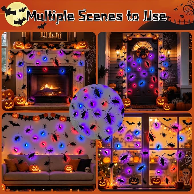 DR.DUDU 36 Pack Halloween Wall Decor 3D Cockroach Window Stickers | LED Lights, Removable PVC, Assorted Sizes, Light Up Roach Wall Decals, Indoor Outdoor Bathroom Home Party Decor