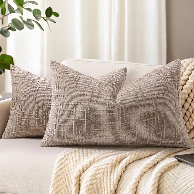 decorUhome Textured Chenille Throw Pillow Covers 12x20 Set of 2 Oatmeal | Fall Modern Farmhouse Soft Cozy Slubby Couch Pillow Cases Boho Decorative Pillow Cases for Bed Sofa Living Room Home Decor