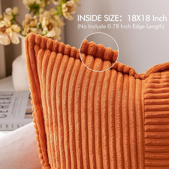 MIULEE Fall Orange Decorative Throw Pillow Covers for Couch 18x18 Inch | 2 Pack, Boho Broadside Striped Patchwork Pillow Covers, Soft Corduroy Cushion Cases, For Sofa Bed Livingroom Home Decor