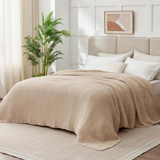 6 Layers Cotton Muslin Blankets Large, Lightweight Cotton Throw, Cooling Soft Throw Blanket for Year-Round Comfort, Breathable Quilt Bedspread, Gauze Weave Bedding for Adults, Oatmeal, Beige Linen