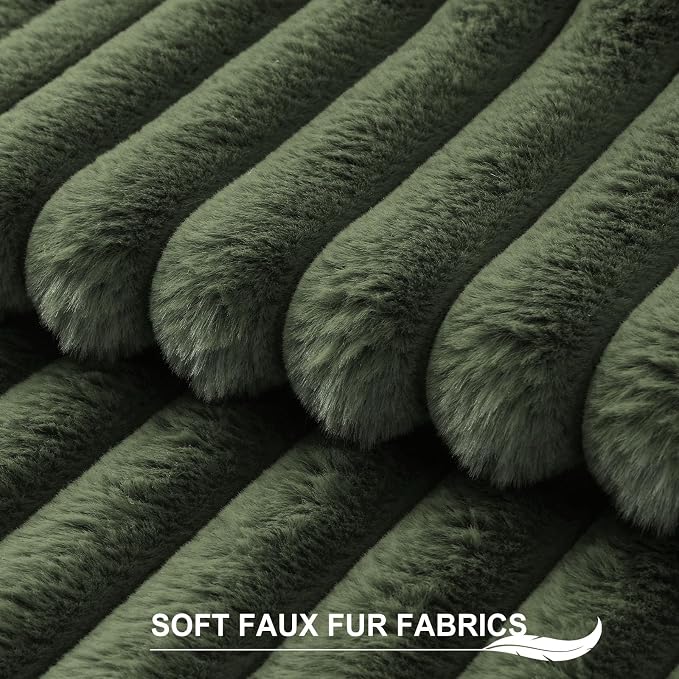Pallene Faux Fur Decorative Throw Pillow Covers 12x20 Set of 2, Olive Green | Luxury Plush Texture, Striped Design, Cozy Soft Touch, Modern Home Accent Decor for Couch, Sofa, Bed, Living Room