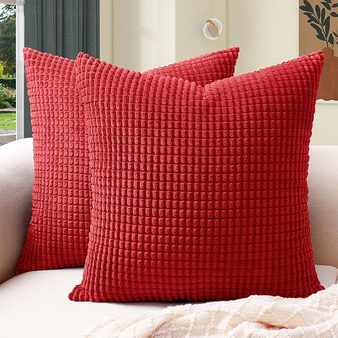 Softalker Corduroy Decorative Throw Pillow Covers 16x16, Set of 2, Red | Soft Boho Striped Pillow Cases, Couch Fluffy Cushion Covers for Farmhouse Home Decor Bed Living Room