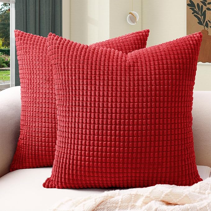 Softalker Corduroy Decorative Throw Pillow Covers 18x18, Set of 2, Red | Soft Boho Striped Pillow Cases, Couch Fluffy Cushion Covers for Farmhouse Home Decor Bed Living Room