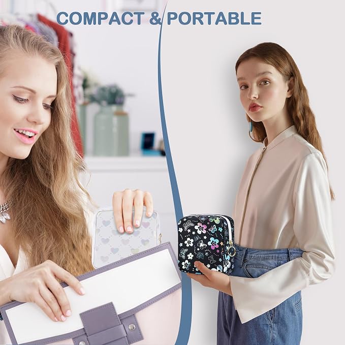 Likesing Period Bag Pouch, Leather Sanitary Napkin Storage Bag for Girls Womens, Portable Sanitary Napkin Period Pad Pouch Bag for Purse, Small Make Up Bags(Flower Butterflies)
