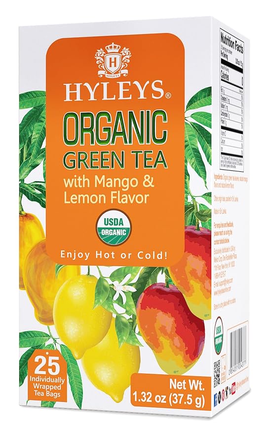 HYLEYS Organic Green Tea, Mango and Lemon Flavor - 25 Individually Wrapped Tea Bags - USDA Organic - Kosher & Vegan