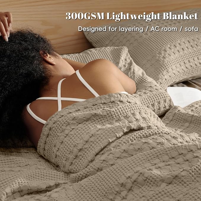 PHF 100% Cotton Waffle Blanket Twin Size, Lightweight Breathable Summer Blanket for Hot Sleepers, Pre-Washed Soft Layer for Bed, Dorm, Couch & Guest Room, Home Decor Gift, 66"x90", Taupe