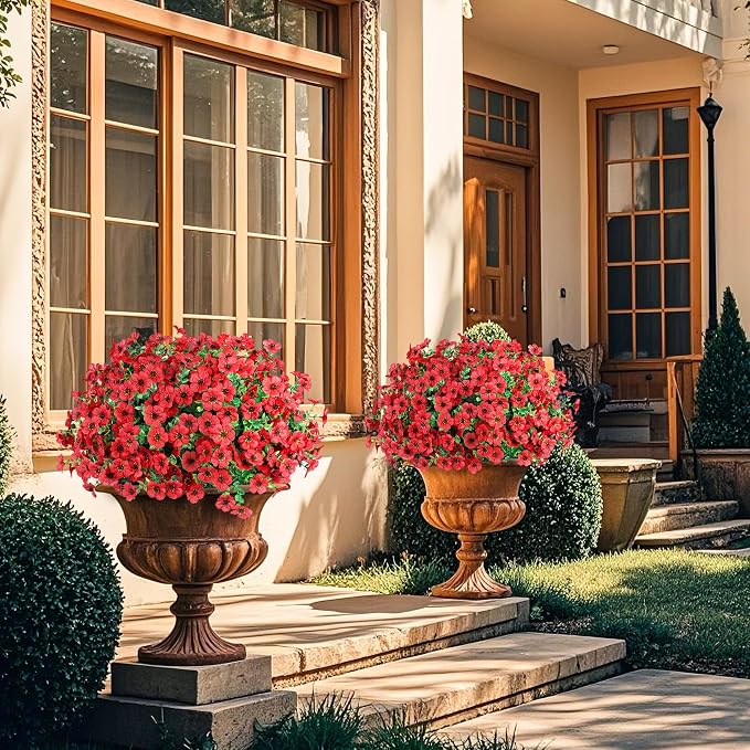 12 Pcs Artificial Flowers for Outdoors Decorations, Red | Lifelike silk flowers, UV resistant, faux plastic plants, for garden porch window table vase home indoor outdoor decor