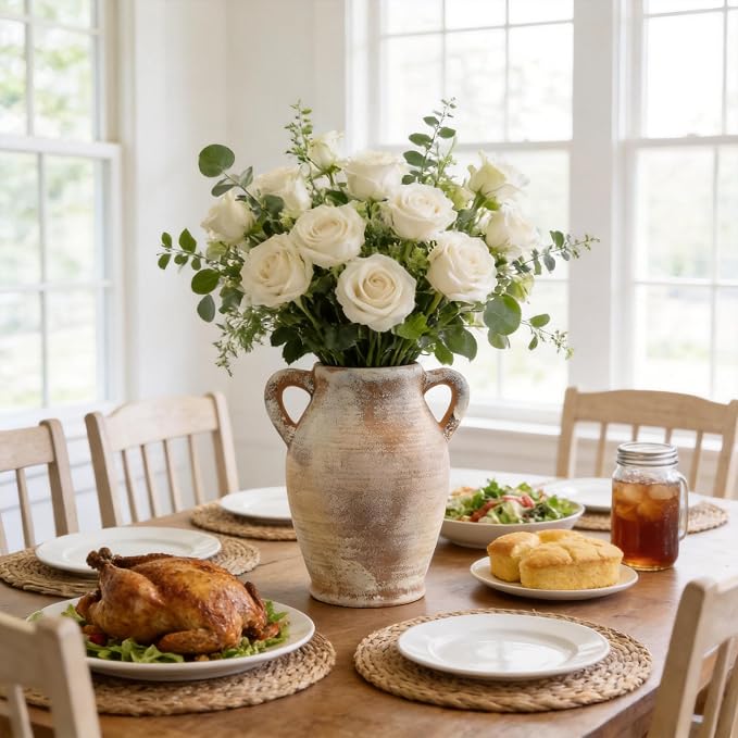 Ceramic Flower Vase, 8.3" Rustic Farmhouse Table Vase, Low Profile Decorative Pottery Vase for Fresh Flowers, Faux Stems, Coffee Table, Kitchen, Bathroom and Shelf Decor