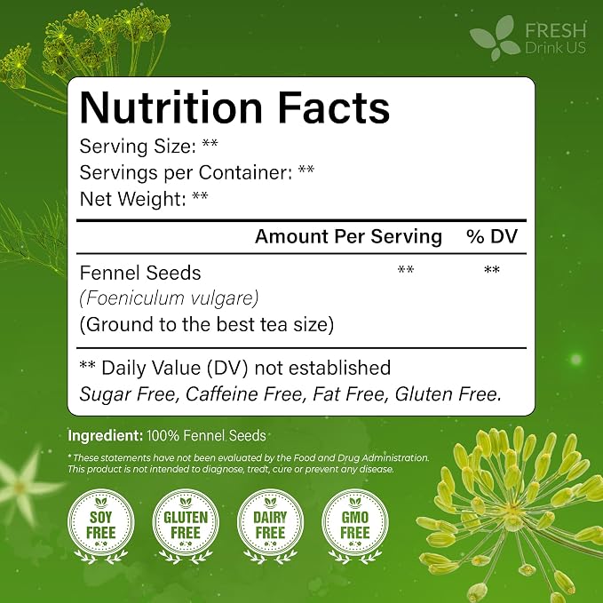 FreshDrinkUS, Premium 135 Fennel Tea Bags, 100% Natural & Pure from Fennel Seeds. Made with Natural Material Tea Bags. No Sugar, No Caffeine, No Gluten, Vegan.