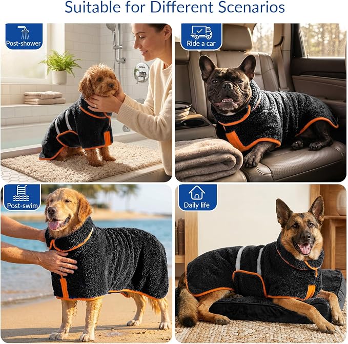 Bienbee Dog Bathrobe, Super Absorbent for Small to Large Dogs, Black XL | Dog Robes with Soft Fleece, Warm & Cozy, Adjustable Fit, and Quick Drying Coat for Baths Swimming and Grooming