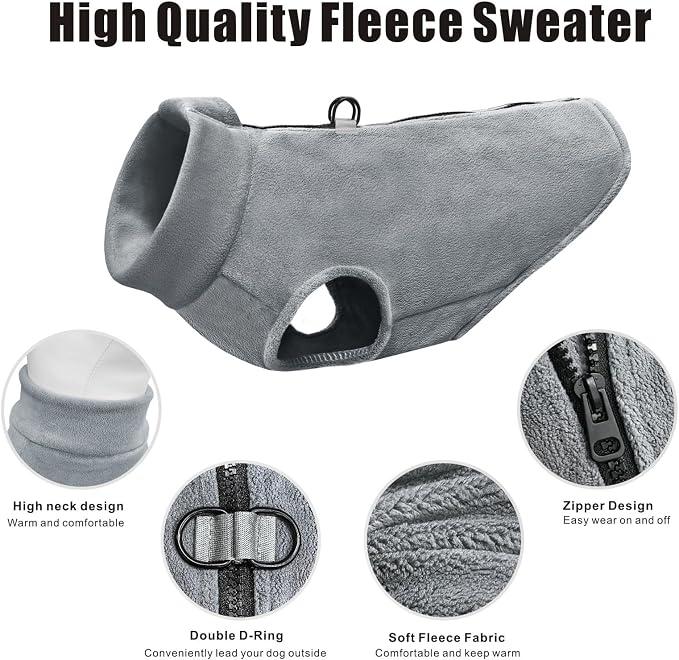Idepet Dog Fleece Vest Sweater Zip Up Warm Pullover Dogs Jacket with D-Ring Leash Winter Cold Weater Coat Pet Sweatershirt Clothes Hoodie for Small Medium Dogs Boy Girl (Gray, XXS)
