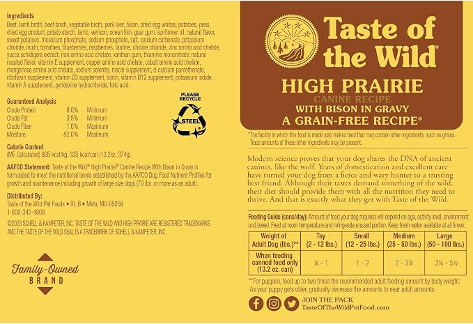 Taste of the Wild High Prairie Wet Food, Bison in Gravy, 13.2oz, Case of 12 | Puppy & Adult Dogs | Grain Free Recipe* | Real Bison, Lamb & Venison in Gravy | Complete & Balanced to Satisfy Finicky Dogs