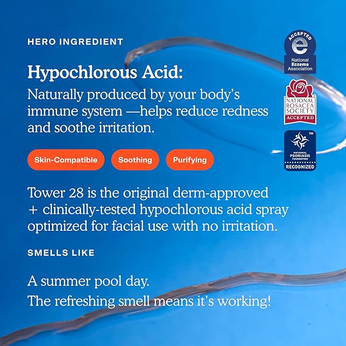 Tower 28 SOS Daily Rescue Facial Spray for Sensitive Skin, Hypochlorous Acid Spray Helps Visibly Reduce the Appearance of Redness and Breakouts, Travel Size Toner for Face, 1 FL Oz