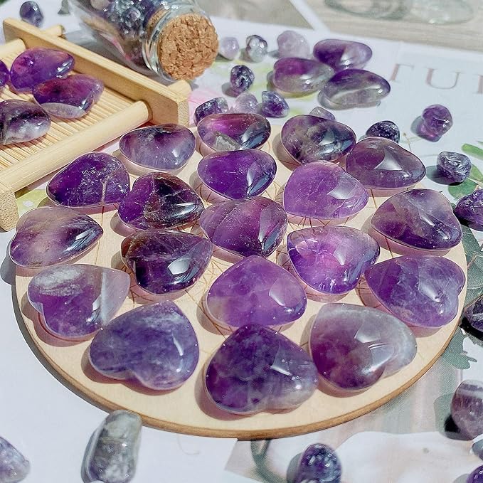 QINJIEJIE 20 PCS Amethyst Heart Crystal Purple Healing Crystals Natural Cute Stones Pocket Healing Palm Love Bulk Set Wholesale Reiki Energy Balancing Meditation Valentine's Day Gift