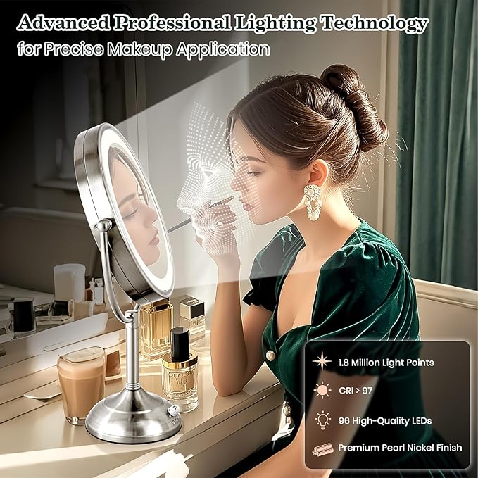 VESAUR 11.8" Extra Large 17" Tall Lighted Makeup Mirror, 1X/5X/10X 3-Sided Magnifying Mirror with 96 LEDs, 3 Color Dimmable Lights, 360° Swivel Dual Power Vanity Mirror, Nickel Finish Luxury Gift Box