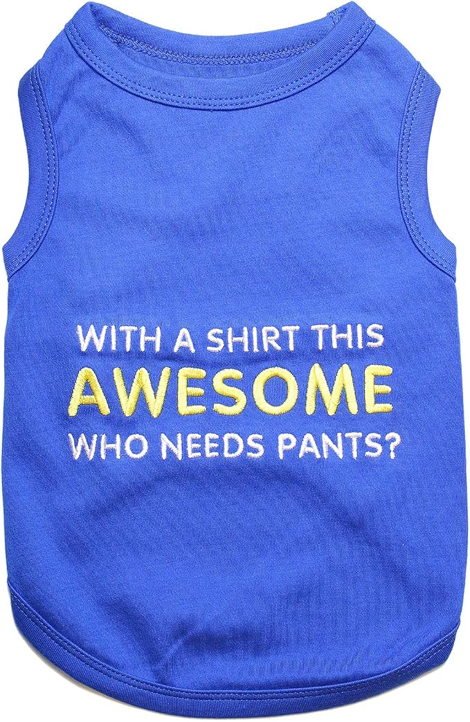 Parisian Pet Dog Tshirt - Embroidered “ Awesome “ Tank Top - Pure Cotton and Lightweight Dog Clothes - Blue Pet Vest - Sleeveless Tee Shirts for Medium Dogs Boy